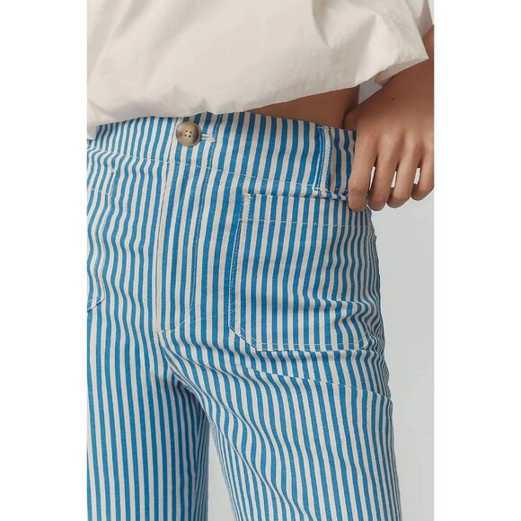 Anthropologie Maeve Colette Crop Linen Pants Wide Leg Blue Stripe 24W NWT - Picture 5 of 16